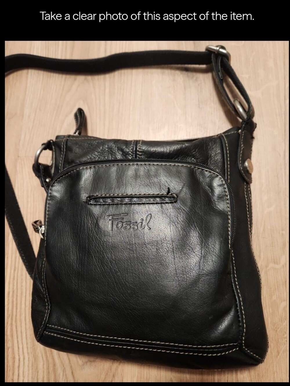 Fossil Black Leather Messenger Crossbody with Contrast Stitching